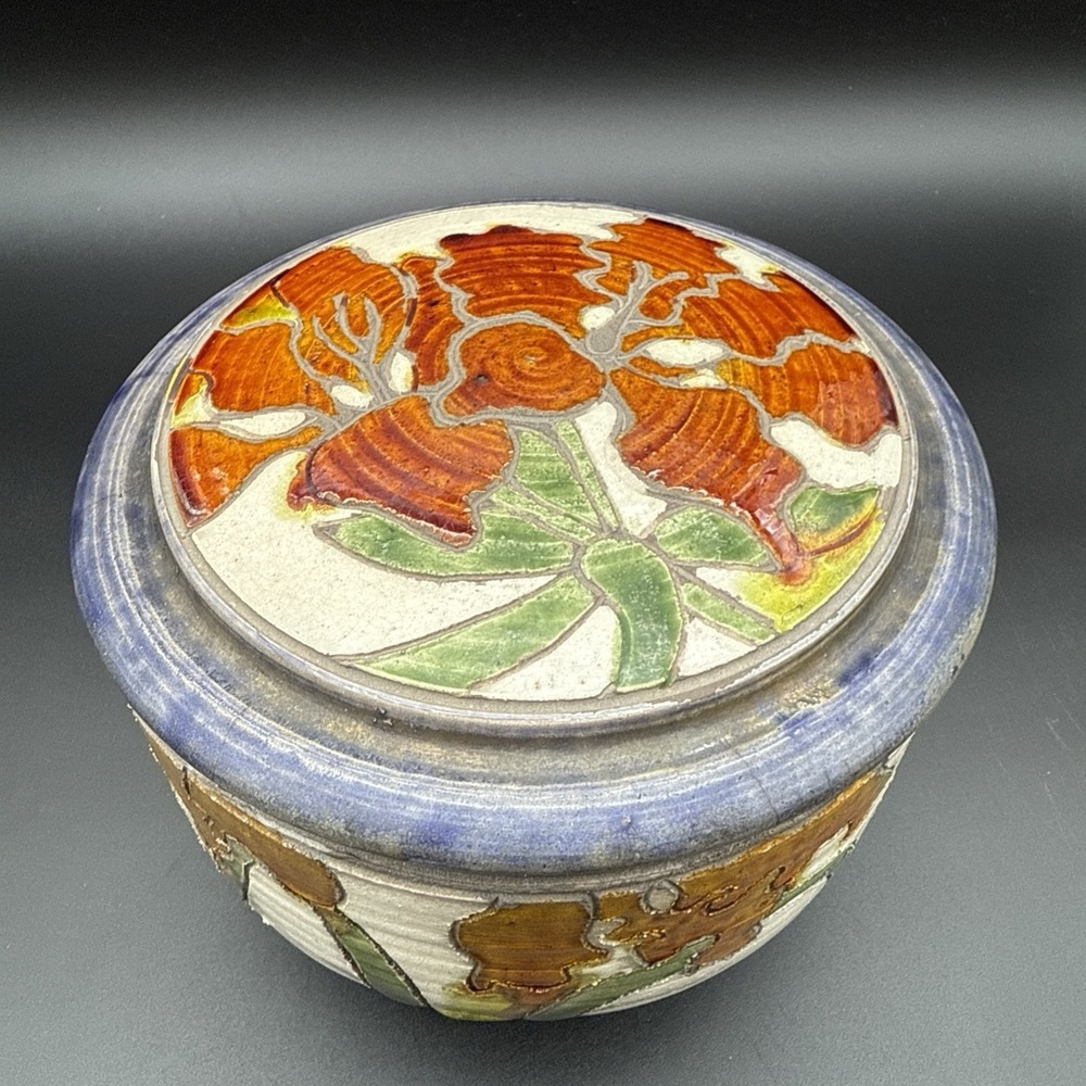 Studio Signed Crackle Glazed Candy Dish Art Pottery Orange Green Blue Floral VTG